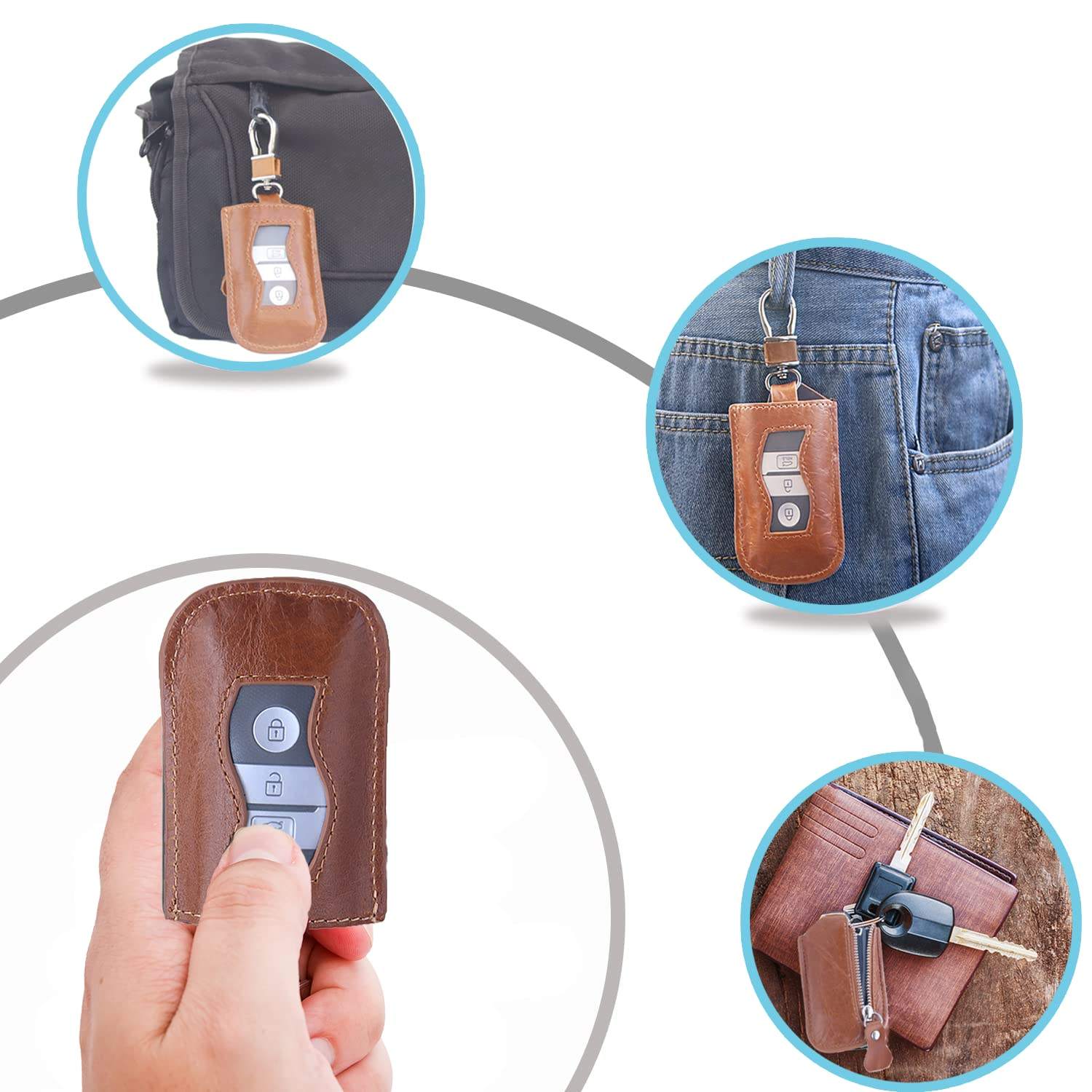Universal Leather Car Key Fob Holder - Double Deck Zipper Pouch by Guangzhou Wallet Leather